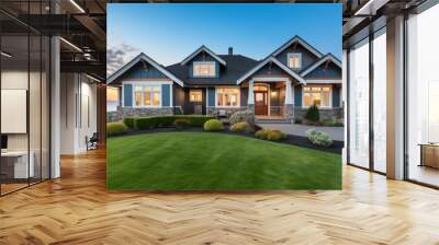 The front view of a newly built home is enhanced by a picturesque surrounding of vibrant green grass and a clear blue sky at sunrise. This appealing exterior beckons potential buyers or renters Wall mural