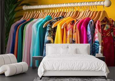 The image depicts a collection of fashionable clothes hanging on a clothing rack in a brightly colored closet. The close up shot showcases a variety of vibrant and colorful items specifically designed Wall mural