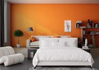 The living room is adorned with an orange color scheme, featuring orange walls and a background of light grey. The sofa is a modern, light grey design, while the door is white with an avant garde Wall mural