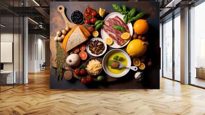 the Mediterranean diet balanced, healthy meal. Organic fruit, vegetable, fish, and meat eating that is either flexitarian or paleo. Generative AI Wall mural