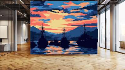 the navy's combat ships in a harbor at dusk. Generative AI Wall mural