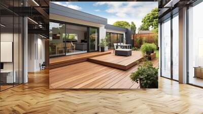 The renovation of a modern home extension in Melbourne includes the addition of a deck, patio, and courtyard area. Wall mural