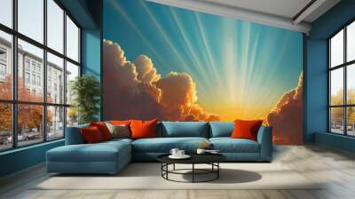 The sky has the light of the sun, the sky is blue, there are small and large clouds alternating and moving slowly, with the sunlight passing, creating a miraculous abstract shape, a hot day.. High Wall mural