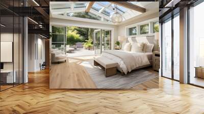 The stunning bedroom in the new luxury home boasts sliding glass doors that open onto a patio. There is a skylight overhead with beautiful wood beams and a pendant light. The room is adorned with Wall mural