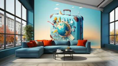 The summer suitcase will fly off. On a blue background, a creative basic vacation concept idea. Generative AI Wall mural