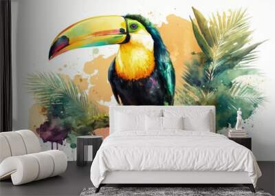 The toucan is a tropical bird. Wildlife, exotic creatures, tropical landscapes, and watercolor painting. Generative AI Wall mural