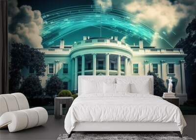 The White House in Washington, DC, during the day. governing body. government of the president. Holographic artificial intelligence concept. Robotics, artificial intelligence, machine learning Wall mural