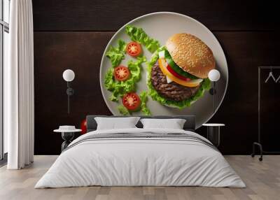 Top view of a beef burger topped with lettuce, tomatoes, and a white plate. Generative AI Wall mural