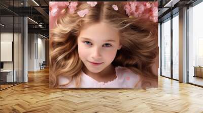 Top view spring portrait of a lovely young girl wearing a pink dress and adorned with flowers celebrating Mother s Day Wall mural