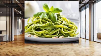 Traditional Italian pasta with pesto sauce made of pine nuts garlic basil Parmesan cheese olive oil served with tagliatelle Healthy and vegetarian With copyspace for text Wall mural