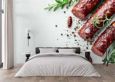 Traditional smoked sausage on a white background with copy space Wall mural