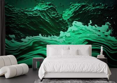 transparent, clear, and dark green water surface texture with splashes. Water waves in sunlight with copy space, abstract nature background, top view. emulsion micellar toner for cosmetics. Generative Wall mural