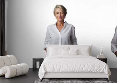 transparent background of a proud senior woman in a white shirt confidently standing with hands in pockets Wall mural