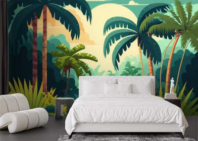 tropical jungle setting. bushes, trees, and palms. cloudy and sunny sky Flat cartoon style. the before. Generative AI Wall mural