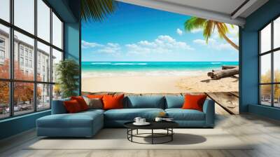 tropical paradise with a single palm tree on the beach. Generative AI Wall mural