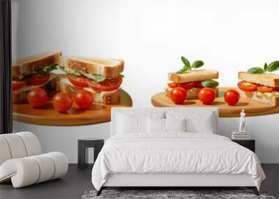 Two cherry tomato adorned sandwiches on a dark board transparent background Wall mural