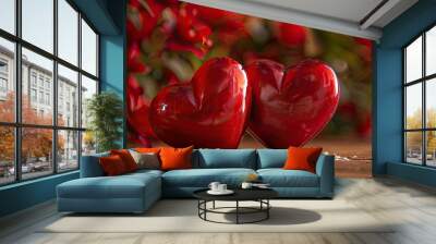 Two red hearts positioned as a representation of love stand proudly in front of a bouquet with ample space available on the hearts and the lower section of the image Wall mural