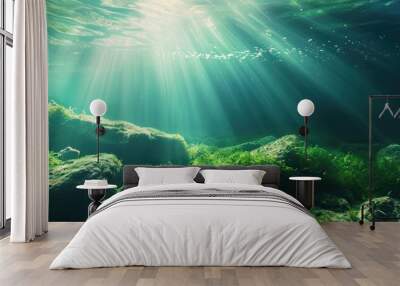 Underwater background with sunlight and green freshwater Wall mural