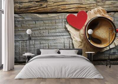 Valentine s Day love sweetheart Paper Heart on rustic wood with coffee notes Birthday joy Wall mural