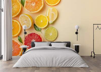 Variety of freshly sliced citrus fruits with empty space Wall mural