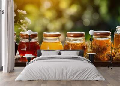 Various sizes of glass containers filled with assortments of fresh raw honey displayed on an outdoor table at a farmers market Wall mural