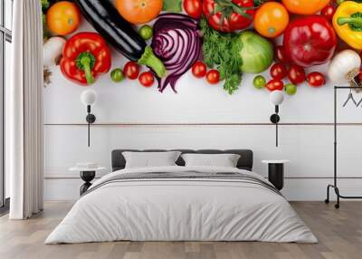 Vegetables arranged on white wooden backdrop Wall mural