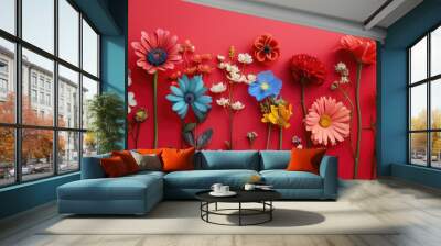 Vibrant Flowers Arranged on Red Background Wall mural