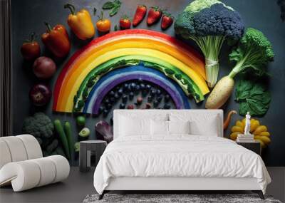 vibrant rainbow created entirely from fruits and vegetables arranged on a table. Generative AI Wall mural