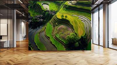 View from Above of a Terraced Rice Field in Bandung, West Java, Indonesia, Asia. Generative AI Wall mural