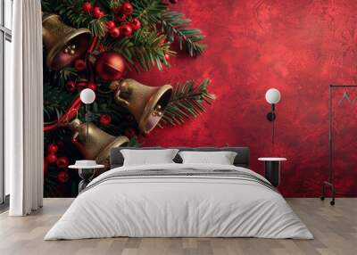 Vintage Christmas bells and tree decoration with red copy space Wall mural