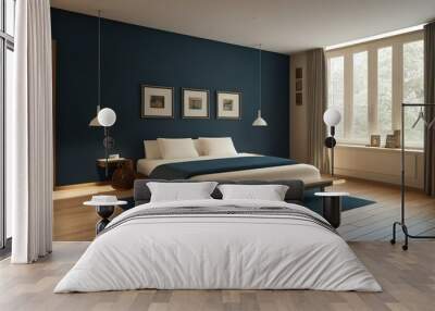 Vintage Modern interior of bed room, wood bed with wall lamp on parquet flooring and dark blue wall ,3d rendering Wall mural