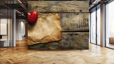 Vintage style photo of heart and blank paper on wood surface Wall mural