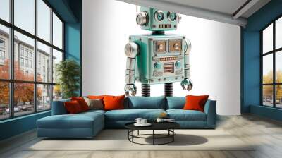 Vintage tin robot toy isolated on a white background. Generative AI Wall mural