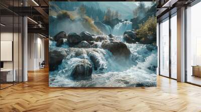 Water cascading over boulders in a mountain landscape Wall mural