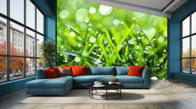 Water droplets on vibrant green grass with shallow depth of field Wall mural