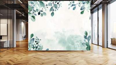 Watercolor border with green hues branch and blue floral elements Ideal for weddings invites cards and wallpapers Wall mural