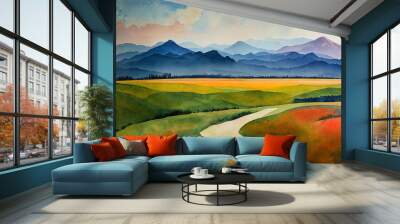 Watercolor landscape painting colorful of mountain range with farm cornfield in Panorama view and emotion rural society, nature beauty sky background. Hand painted abstract illustration in Asia. Wall mural