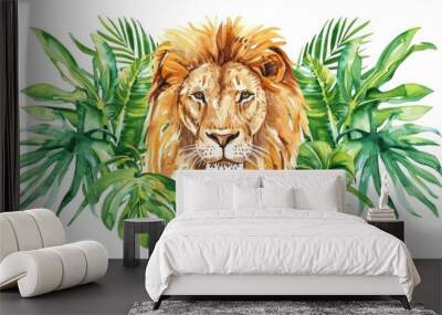 Watercolor lion head with green tropical leaves on white background Wall mural