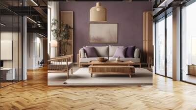 White and purple colors dominate this Japandi timber living room. Rattan furniture and wooden furniture. Mockup of wallpaper and frames, farmhouse style interior design. Generative AI Wall mural