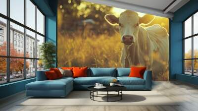 White cow in a rural setting Wall mural