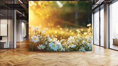 White flowers are blooming beautifully, with glimpses of yellow petals amidst the stunning scenery, abundant greenery, and a radiant sun overhead. Wall mural