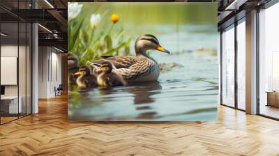 Wild mallard duck with ducklings in a natural spring setting Wall mural