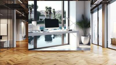 With a mock up of a computer's white screen and office supplies on a table next to the window and a view of a pool in the backdrop, a modern luxury home office interior design is shown. Generative AI Wall mural