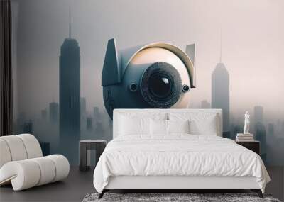 With abstract infographics and a heads up display, a modern CCTV camera is mounted on a wall against a foggy metropolitan skyline. Image duplication with the best possible exposure. Generative AI Wall mural