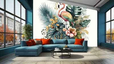 With green palm foliage, flowers, flamingos, summer fruits, and golden line components, a tropical bouquet was hand painted in watercolor. Generative AI Wall mural