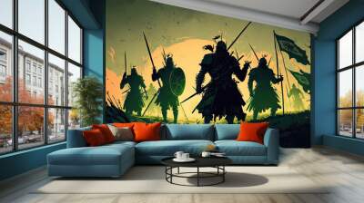 With the sun setting, an epic reenactment of a medieval combat. Metal armored soldiers engaged in historical, cinematic recreations of the Dark Ages combat with the opponent. Large armies engaged in b Wall mural