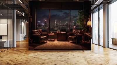 With two armchairs and office supplies in a drawer, the interior of the living room is dark. The floor is brown hardwood. a panoramic window with a view of Singapore. Model of a blank Generative AI Wall mural