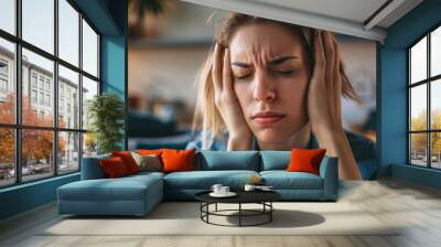 Woman experiencing headache and stress at home due to mental health issues and fatigue Depressed and confused individual dealing with anxiety brain fog and dizziness caused by worry sadness Wall mural