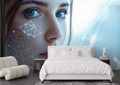 Woman with advanced scientific technology in beauty and skincare. Wall mural