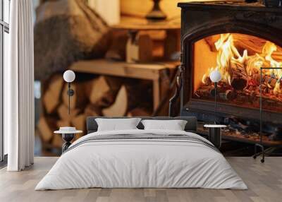 Wood logs fuel a cast iron stove with clean combustion. Wall mural